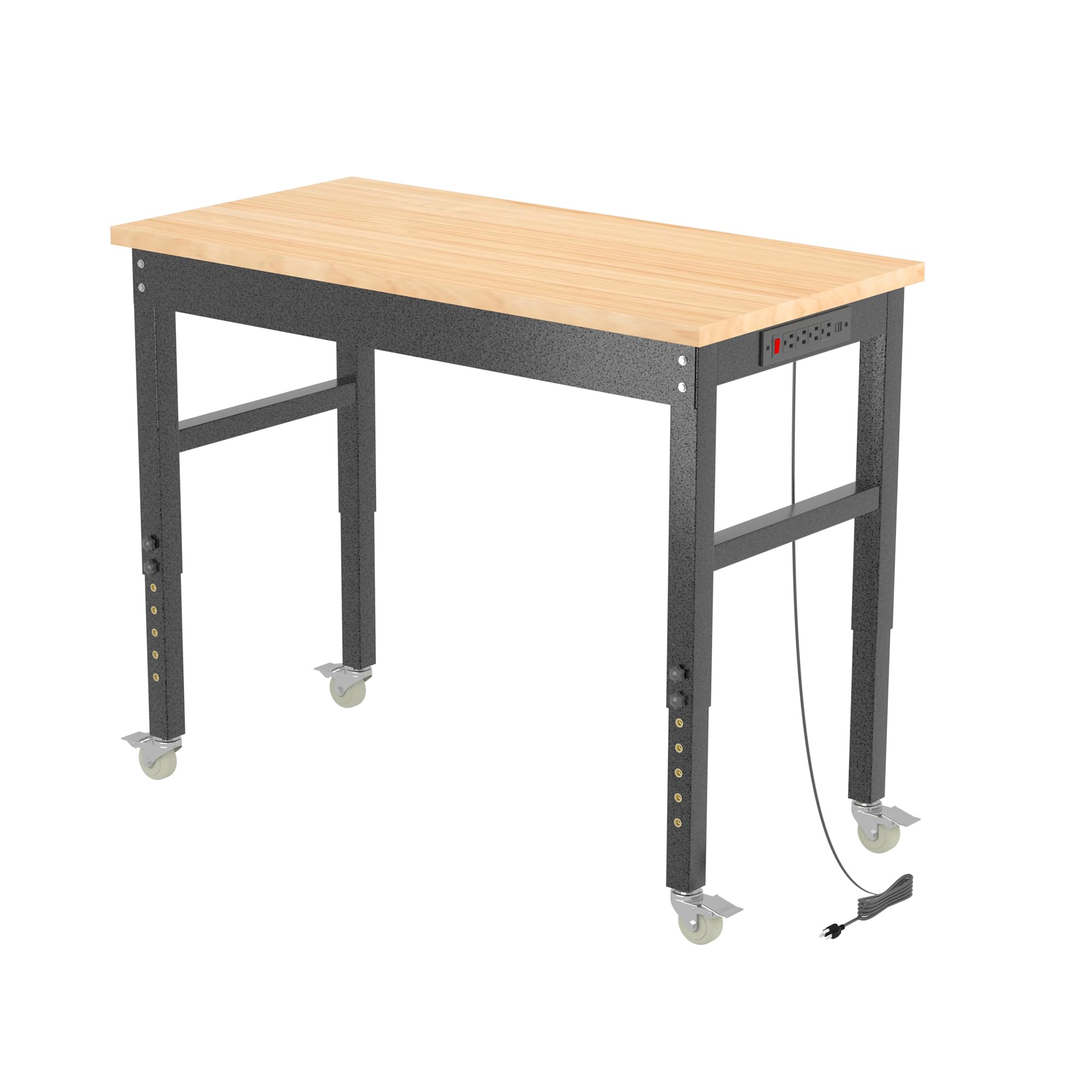 Height Adjustable Workbench Rubber Wood Top Heavy-Duty Workstation,3000 LBS Load Capacity 48" Work Bench,Work Desk with Power Outlets for Garage,Workshop,Office Home