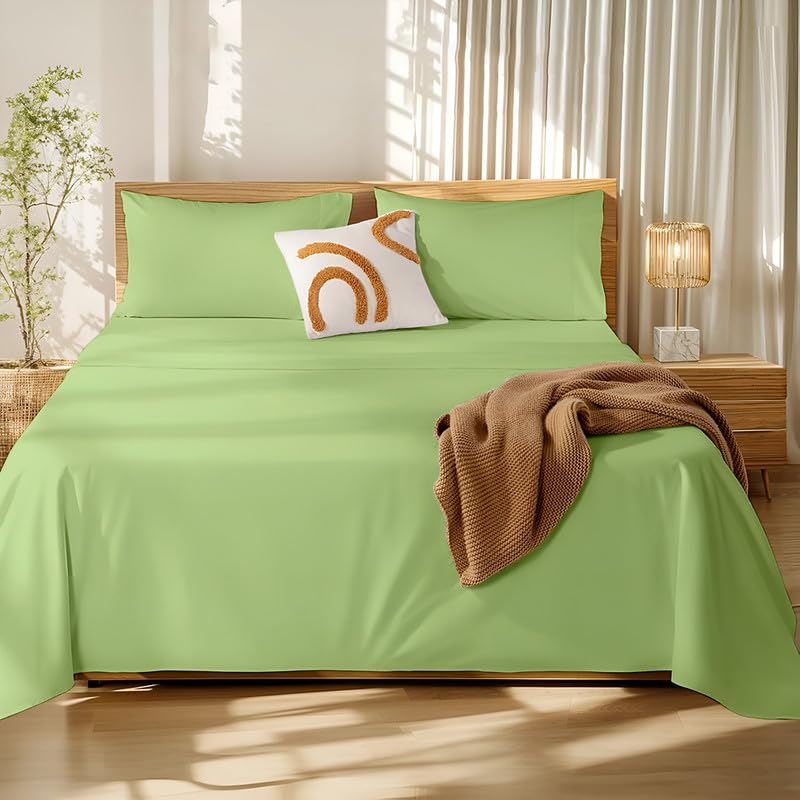 Image of Microfiber Double Bed Sheet - Solid Color, Ultra-Soft Bedsheet for Bedroom, Lightweight Plain Bedsheet for Double Bed 90x100 Inch, Sage Green