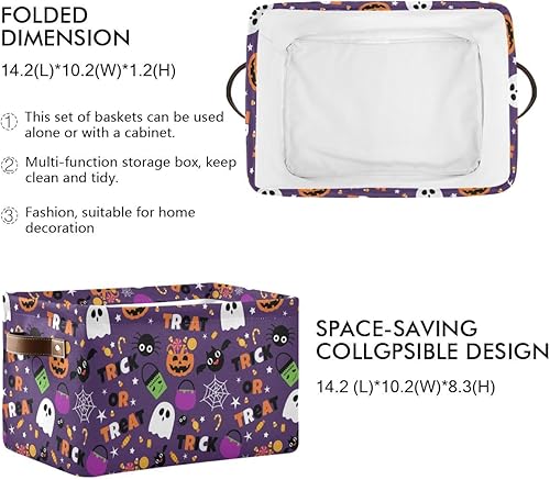 Miniatura 3 de Cesta de almacenamiento de tela morada con texto en inglés Happy Halloween, diseño de calabaza, calavera, fantasma, murciélago, truco o trato, cajas
