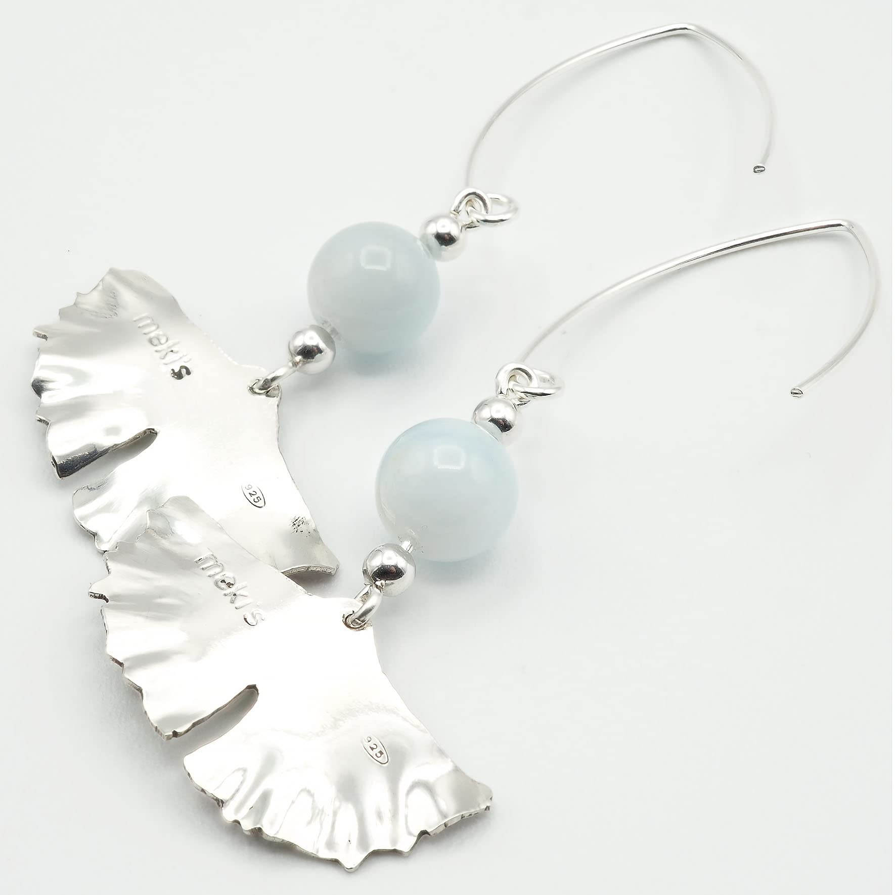 Pendientes de Aguamarina y Plata 925, Diseño de Hoja Ginkgo Biloba, Largos 60 mm