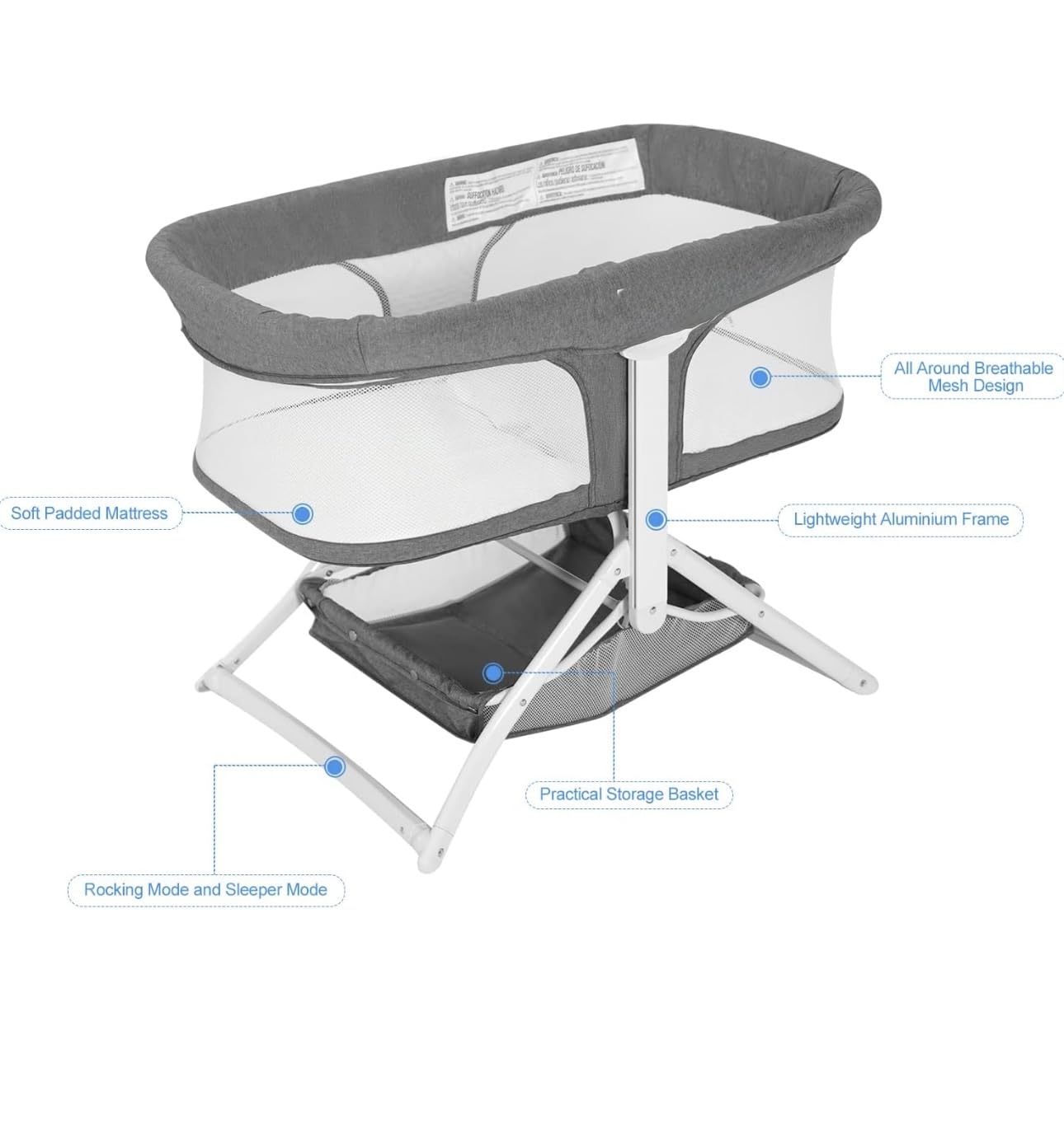 richtots Premium 2in1 Bassinet Quick Foldable Travel Crib Portable Rocking Bassinet(Grey) 3