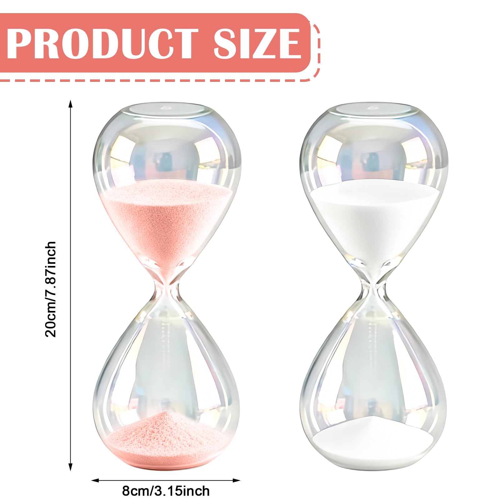 2 clessidra, 30 minuti, clessidre colorate in vetro, sabbia time, grande vetro sabbiato in vetro borosilicato per casa, scrivania, ufficio, 8 x 8 x 20 cm, rosa+bianco