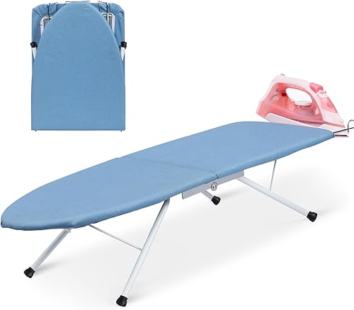 ALIMORDEN Tabla de planchar pequeña de mesa con soporte de hierro, tabla de planchar plegable compacta con patas y almohadilla de cubierta, ahorro