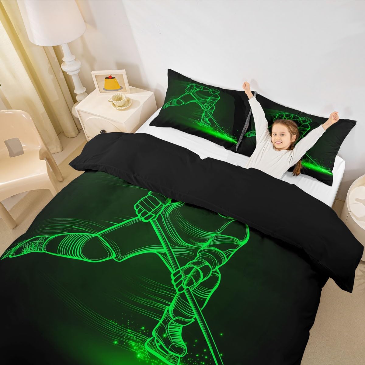 Erosebridal Hockey Puck Comforter Cover Twin Size Ice Hockey Sticks Duvet Cover Hockey Player Bedding Set with 2 Pillowcases Winter Sport Game Quilt Cover for Kids Boys Room Decor, Black Green
