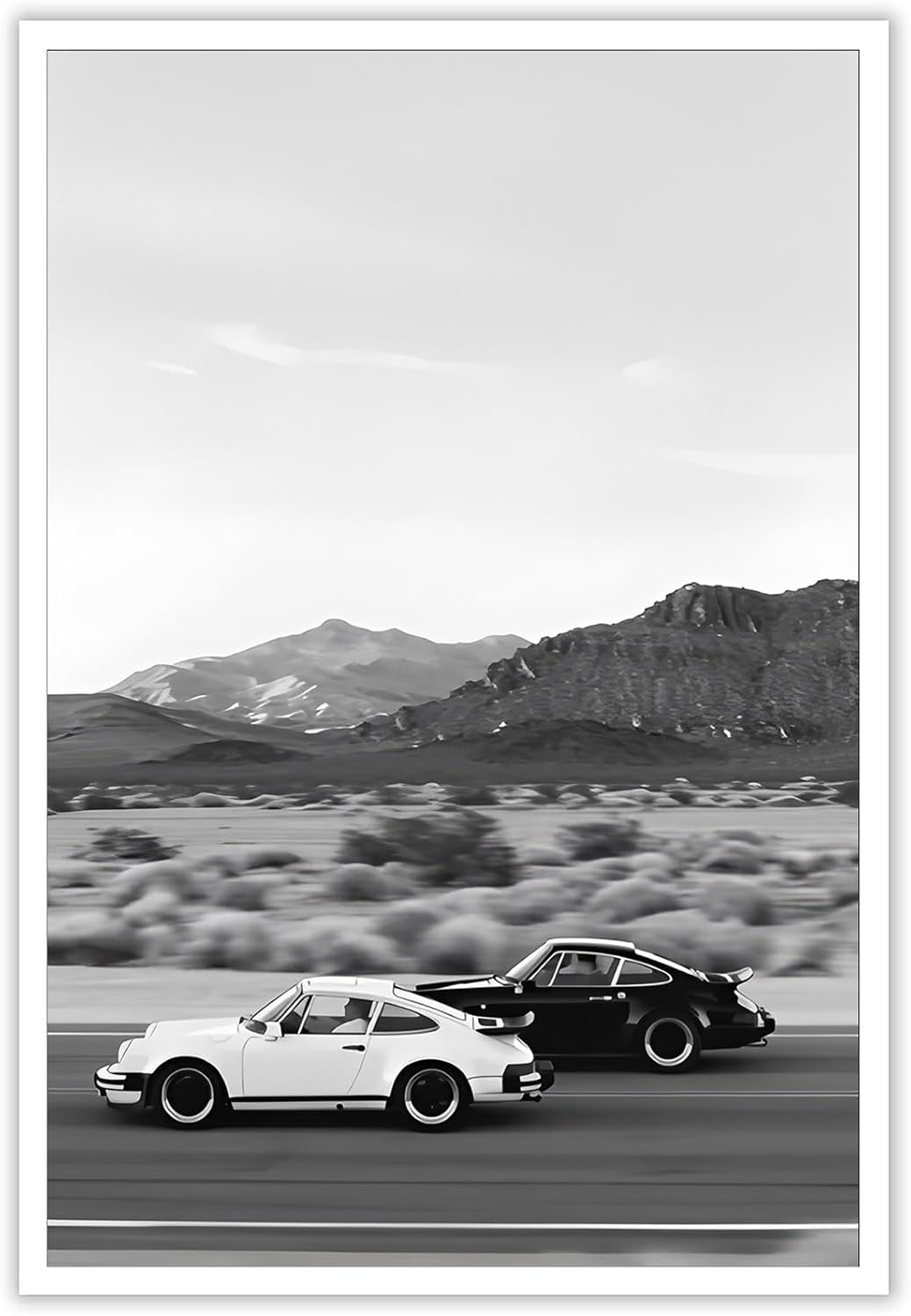 Póster retro de automóvil en blanco y negro, lienzo de superdeportivo, arte de pared para amantes del automóvil, puesta de sol, paisaje, montaña,
