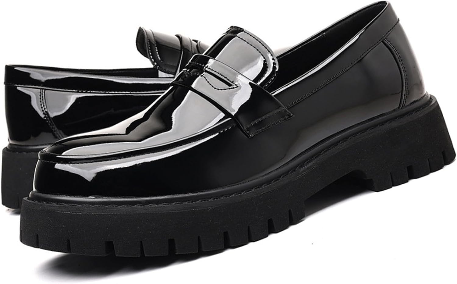 Men's Soft Leather Platform Chunky Loafers, Fashionable Business Casual Penny Dress Shoes, Non-Slip Lug Sole Slip-on Loafers