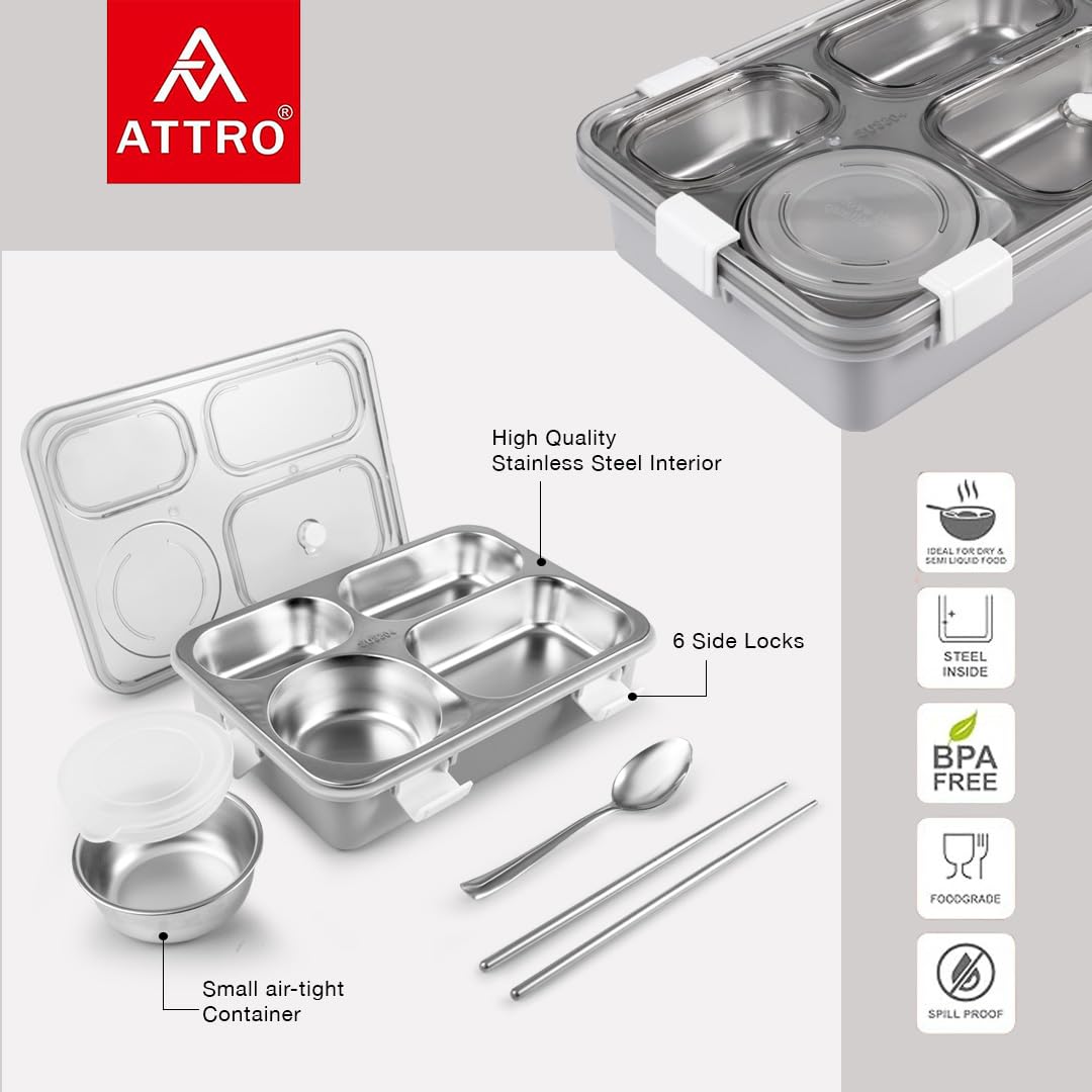 ATTRO Bento Lunch Box - Stainless Steel, 4 Compartments -2