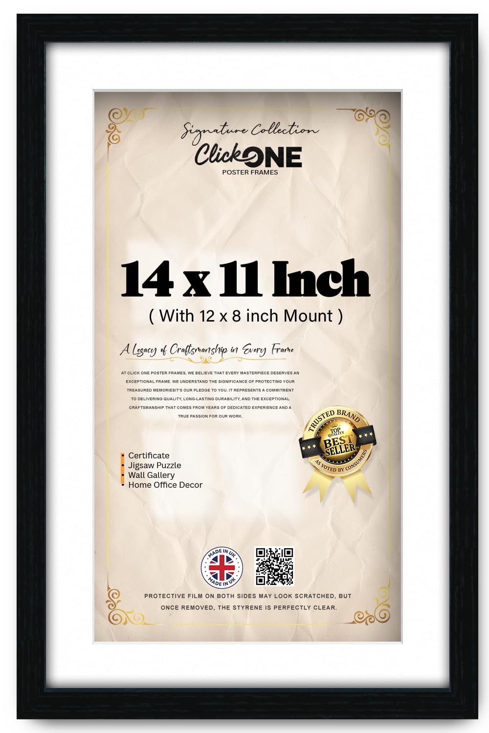 Click One Sleek Engineered Wood Finish 14 X 11 Inch Poster With 30.48 X 20.32 Cm White Mount And 35.56 X 27.94 Cm Outer Border Portrait Landscape Wall Display In Black For Room Interior And Study