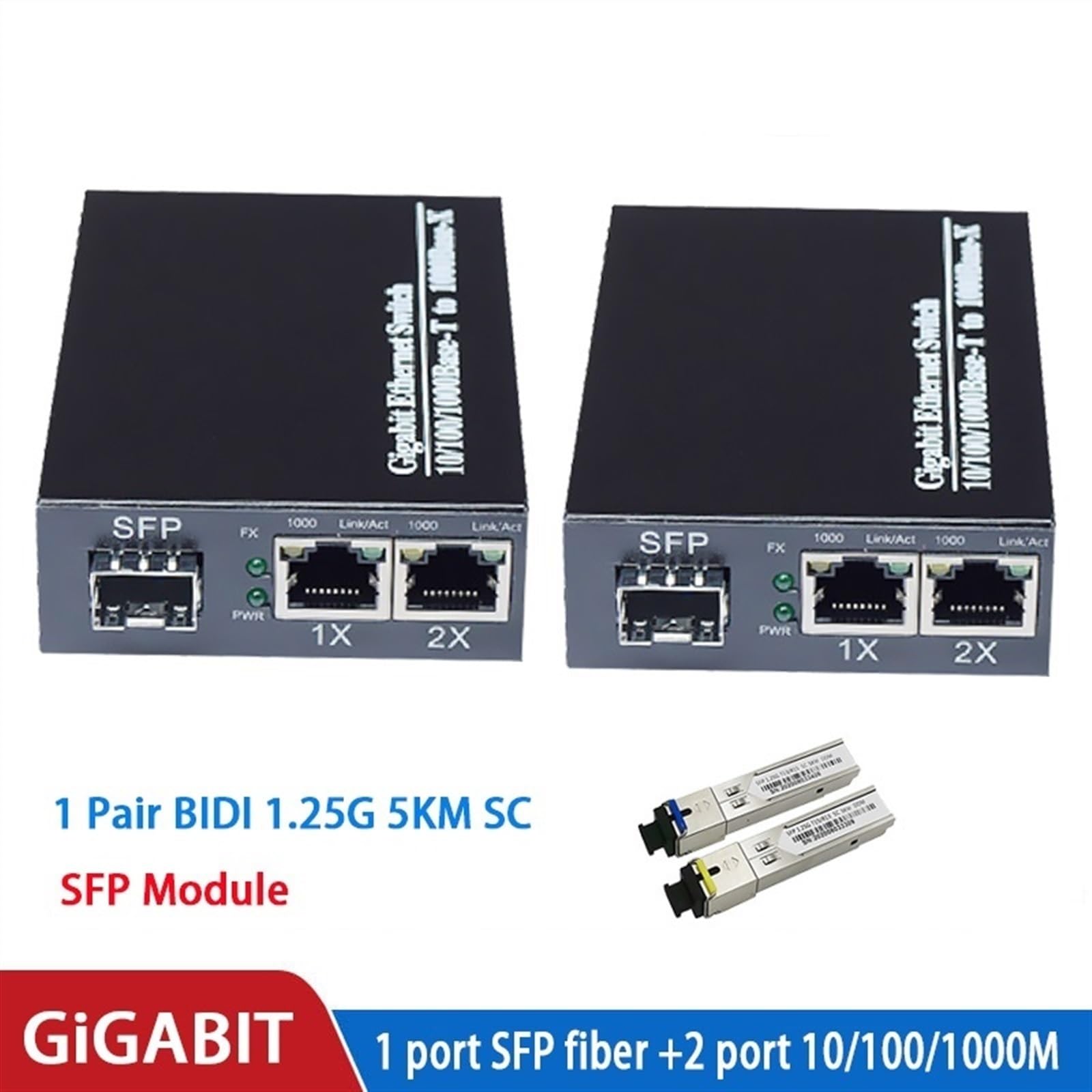 Convertisseur De Média Gigabit, 1 Port SF-p vers 2 Rj45, Fiber Optique Gigabit GPOn/Epon Ethernet, Compatible avec Caméra IP 10/100/1000M (Size : SC 5KM EU Power)