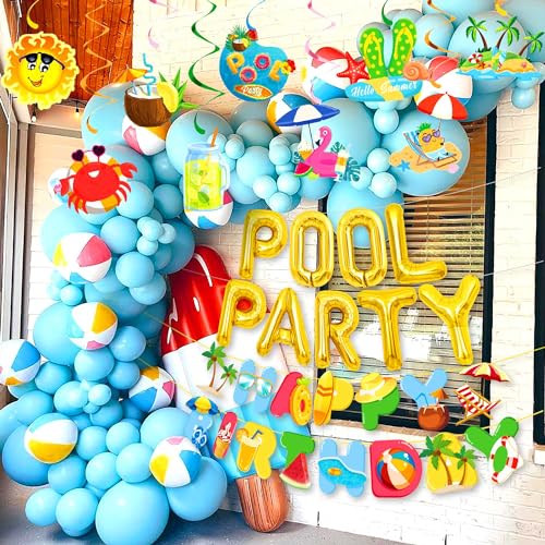 Image of Summer Pool Beach Party Decoration, Pool Party Birthday Bash Party Decorations Tropical Balloons Banner for Kids Swimming Water Luau Tropical Hawaii Party Decoration Supplies
