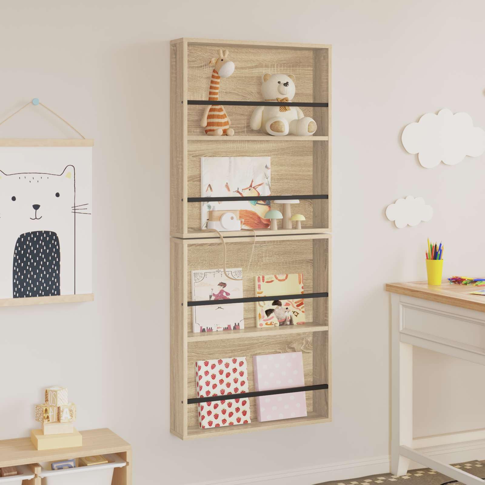 Mangloder Wandmontiertes Magazinregal aus Holzwerkstoff in Sonoma Eiche, 2er Set 60 x 12 x 70 cm, Zeitschriftenständer, Zeitungsständer, Magazinhalter, Prospektständer, Organizer für Wohnzimmer