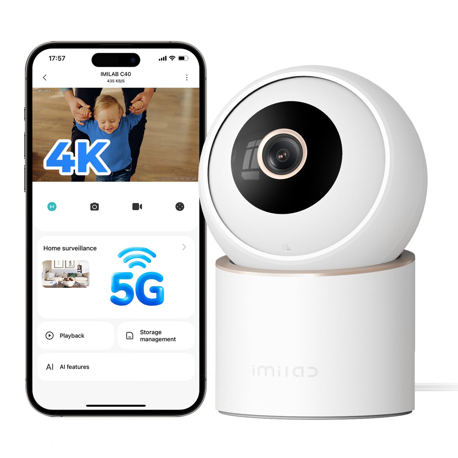 IMILAB 4K 8MP Cámara Interior, Cámara Vigilancia 360° para Mascotas/Bebés/Hogar, Compatible con Xiaomi Home App, WiFi 5G/2.4G Cám, Seguimiento Inteligente, Audio Bidireccional, Sin Suscripción(C40)