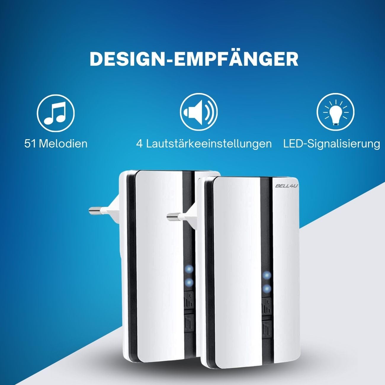 Funkklingel 2 Empfängern - Kabellos Türklingel - Klingel Haustür aussen wasserdicht - Batterielos - 2 Sender - Blinkende led - 4 Lautstärkestufen - 52 Klingeltönen - Weiß | Keine Batterien erforderlich, 200 m Reichweite, IP55, 51 Melodien, 4 Lautstärken,