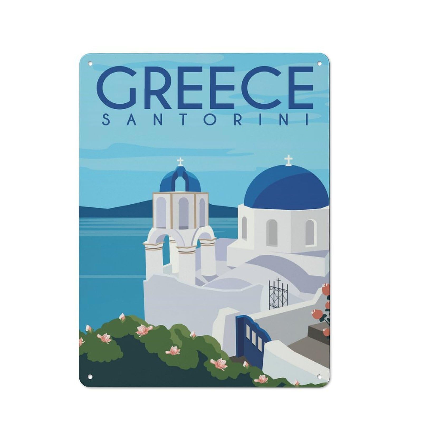 Junmoney Style-18 Decorative Tin Plaque With Santorini Greece Design 40X30cm, Decorative Novelty Wall Art For Bedroom, Kitchen, Office Or Living Room