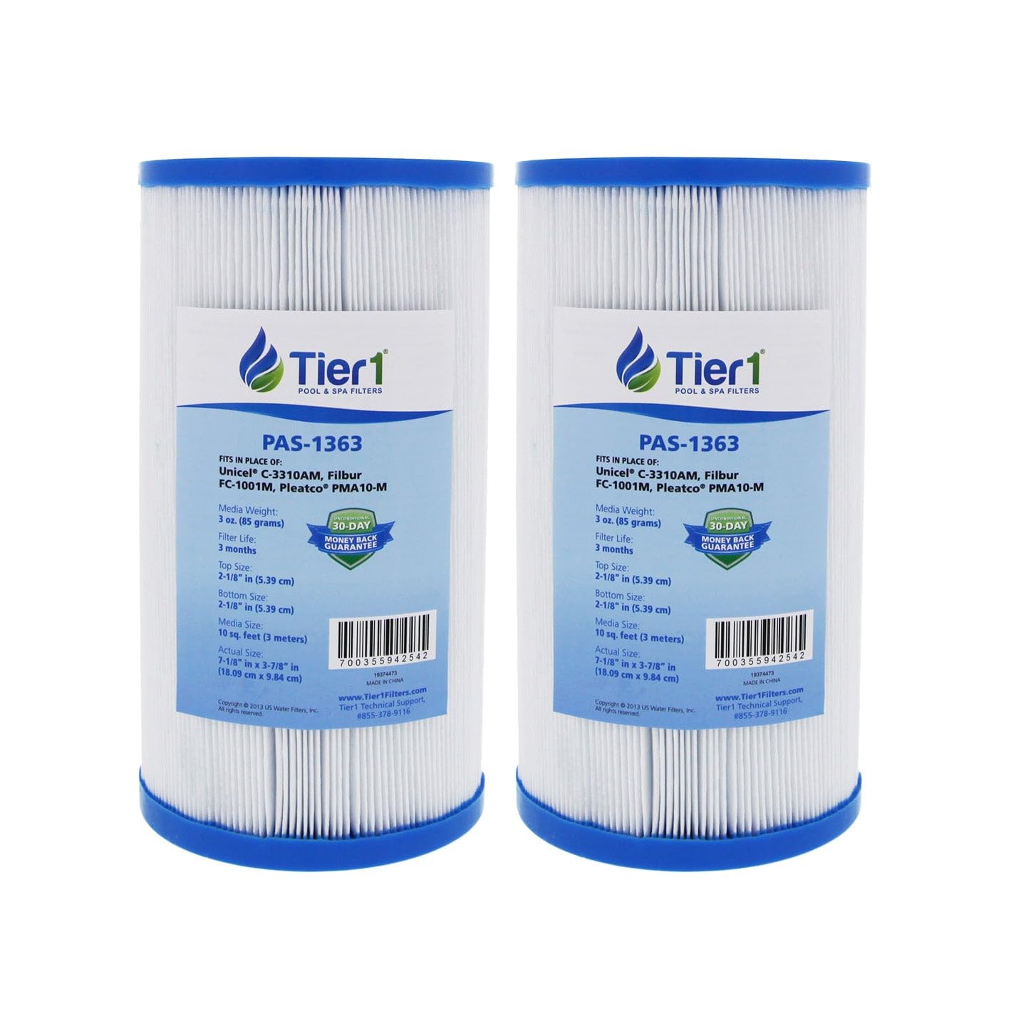 Tier1 Pool & Spa Filter Cartridge 2-pk | Replacement for Master Spa X268057, Eco-Pur, Pleatco PMA10-M, Unicel C-3310AM, Filbur FC-1001M and More | 10 sq ft Pleated Fabric Filter Media