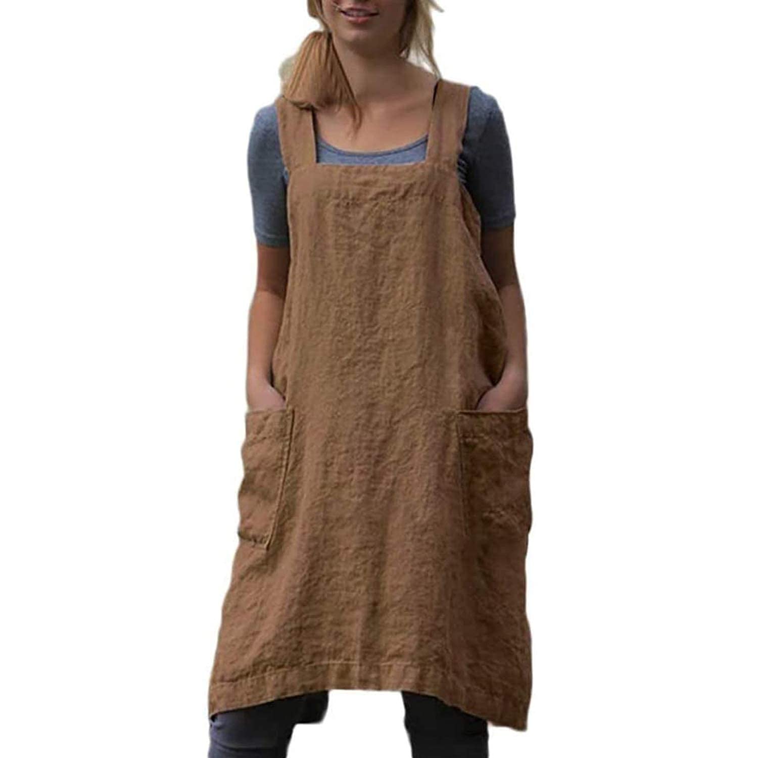 Amlztr Women's Pinafore Apron Cross Back Apron with Pockets Cotton Linen Apron Dress Plus Size โ image 1