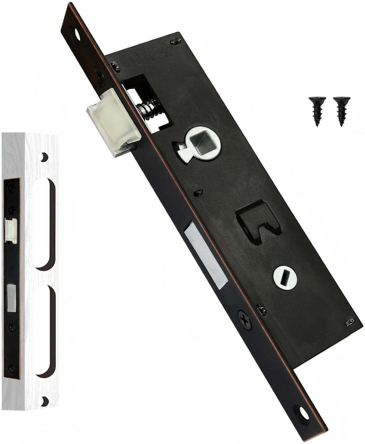 Flat Slot Storm Door Mortise Lock Body Fits Older Storm Door Handle Replacement Parts, 5/16" Square Spindle Hub, 2-1/2" Handle PZ, 7/8" Backset, 7" Faceplate H.C., Handle Not Included, Black