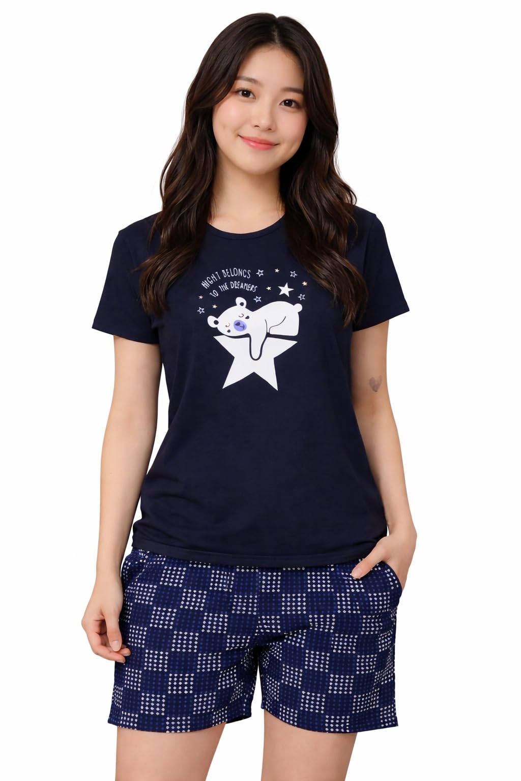 Women’s Cotton Top Set – Soft Short Sleeve Sleepwear with Printed T-Shirt & Check Shorts Lounge Set Peach-image-15
