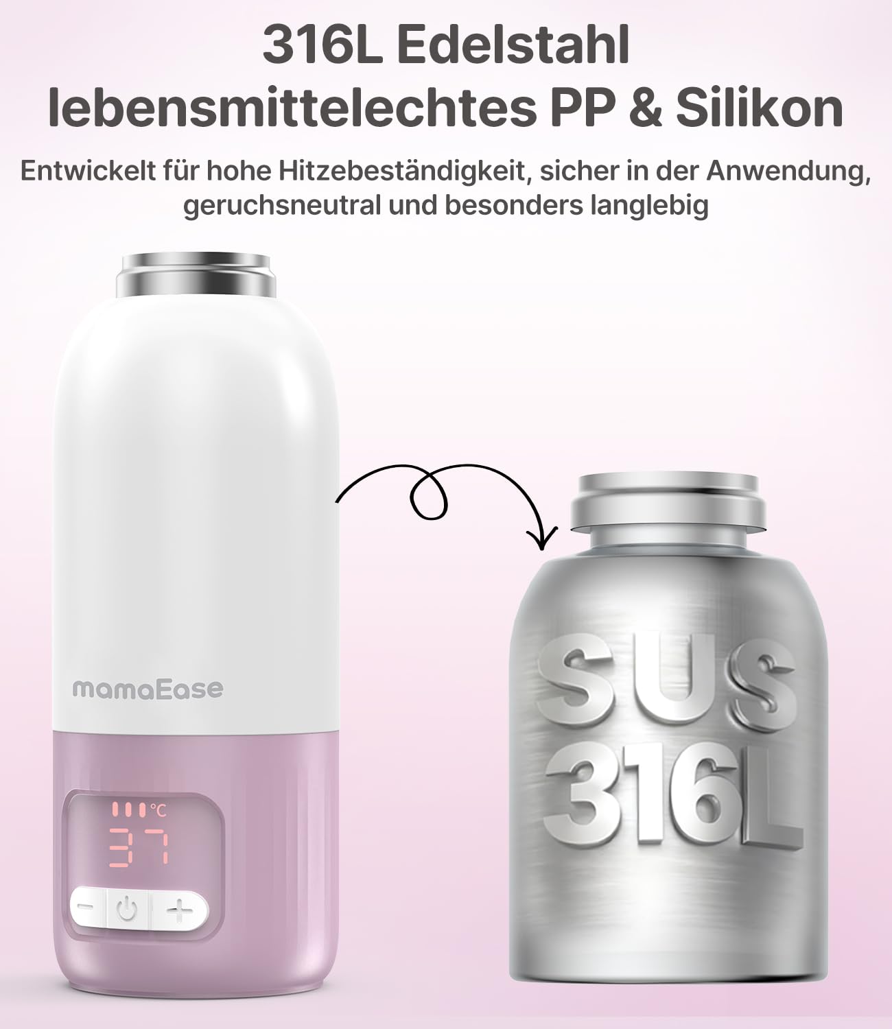 Tragbarer Baby Flaschenwärmer für Unterwegs, Pasteurisier-Funktion + 500ml Kapazität + 16000mAh-Akku | 2 Heizmodi für Muttermilch & Wasser | Schnellaufheizen & Kochfähig
