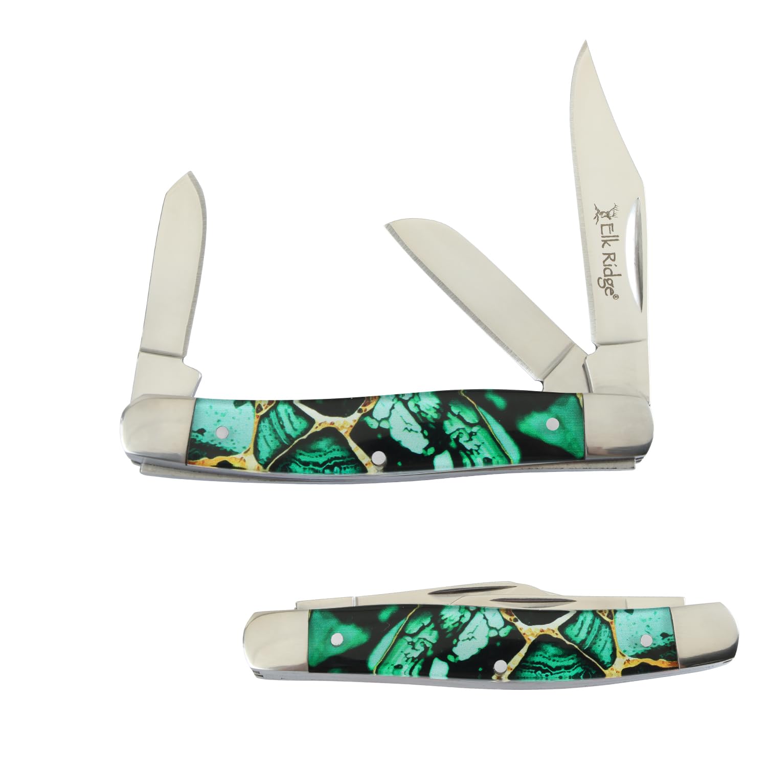Elk Ridge Collection Every Day Carry 3 Blade Smooth Non-Slippery Handle Trapper Folding Pocket Knife (Dark Green)
