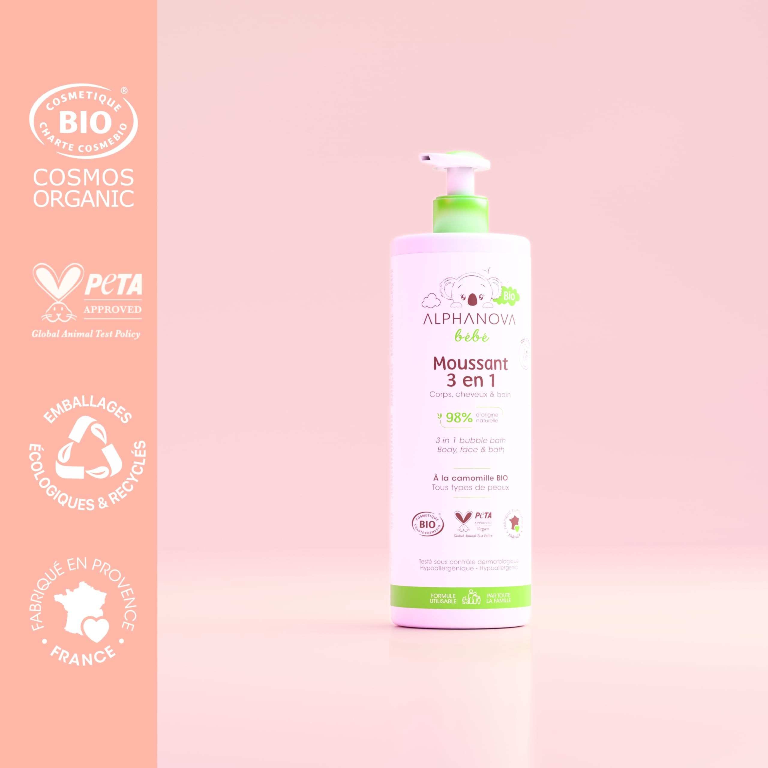 Alphanova, Bain moussant pour bébé, 3 en 1 - Bain corporel, shampooing et bain moussant, hypoallergénique, ne pique pas les yeux - Biologique - 500ml