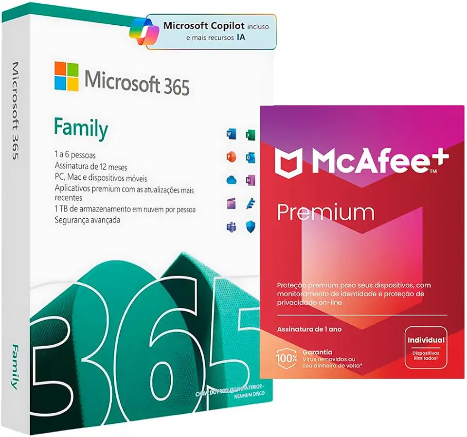 Microsoft 365 Family + Antivírus McAfee Premium Family 2024 - Licenças Físicas para Dispositivos, Segurança Avançada e Suporte Técnico (PAI) (Microsoft 365 Family Antivírus Premium Individual)