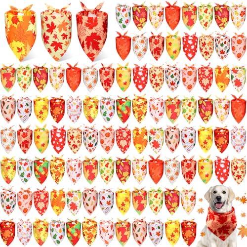 Preboun 100 Pcs Fall Thanksgiving Dog Bandanas Bulk Pumpkin Maple Leaves Bandanas for Dogs Triangle Kerchief Bibs Scarf for Pets Costume Photo Props Accessories Pet Shops Adoption Events, 25 Styles