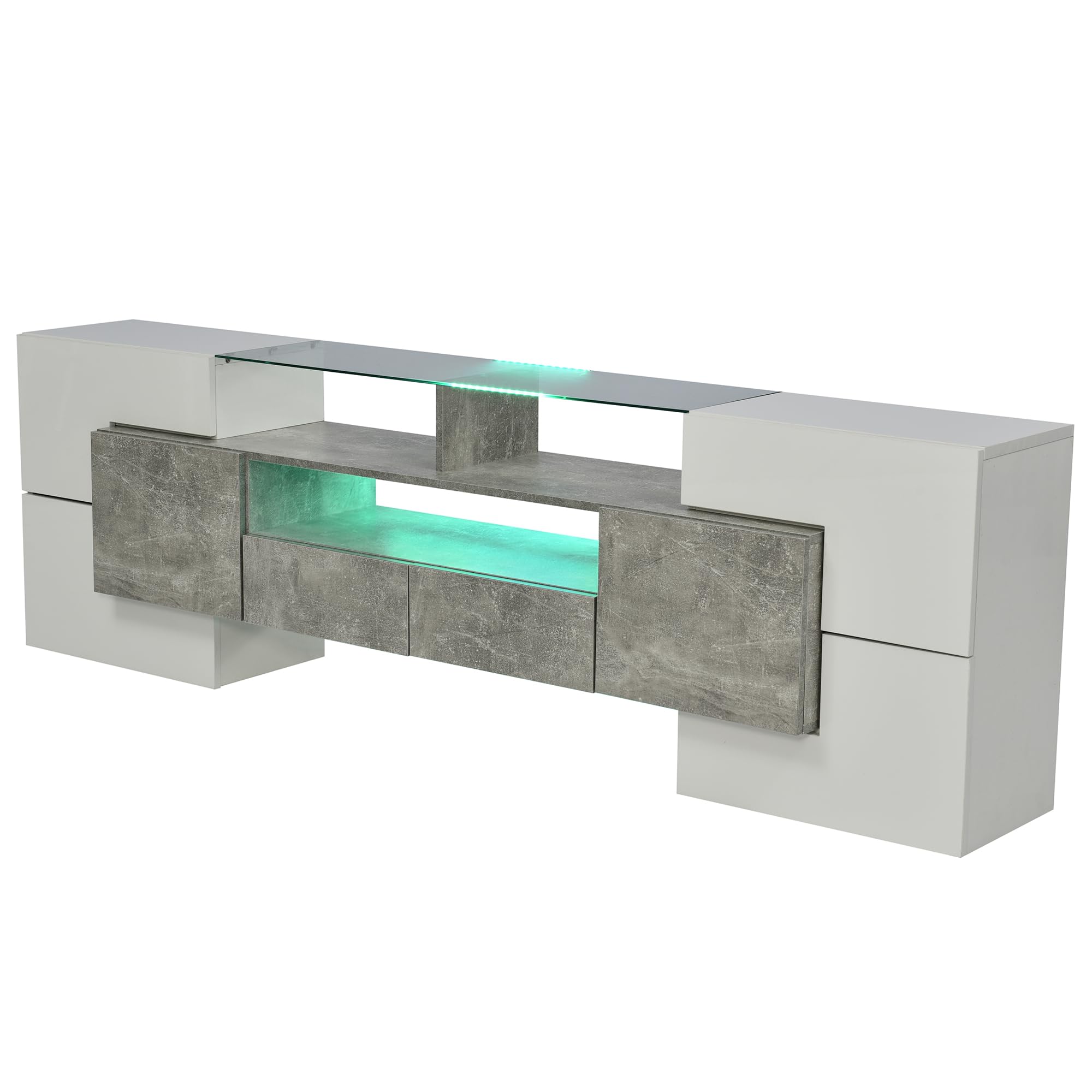 Mueble bajo para TV moderno, 200 cm de ancho, color blanco y gris, con iluminación LED RGB, 6 puertas y 2 cajones, armario multimedia para salón (gris + MDF + 60-69 pulgadas)