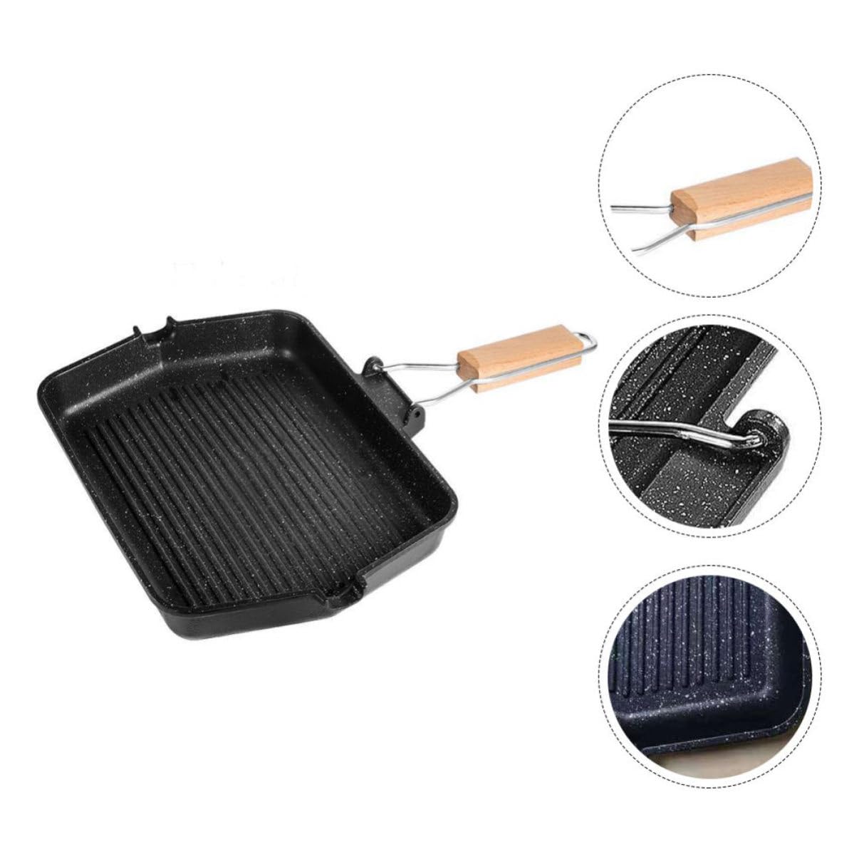 Padella Grill Antiaderente per Bistecche, Ferro Nero, Manico Pieghevole