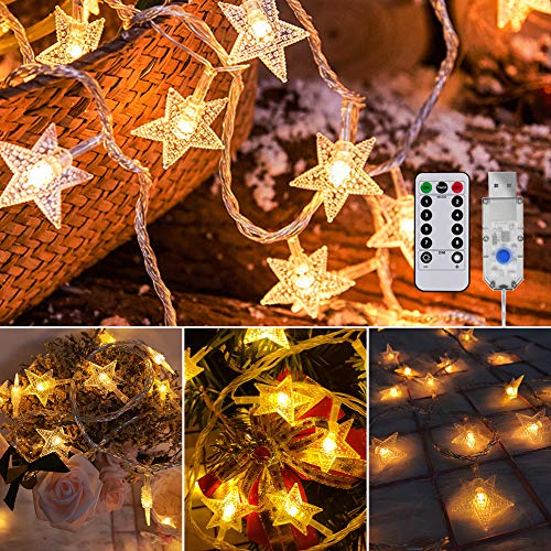 Preisvergleich Produktbild Led Lichterkette Sterne -100LEDs 10M Warmweiß,8 Modi USB Warmweiß Sterne Lichterkette mit Fernbedienung,DIY Deko für Party, Garten, Weihnachten, Halloween, Hochzeit, Beleuchtung