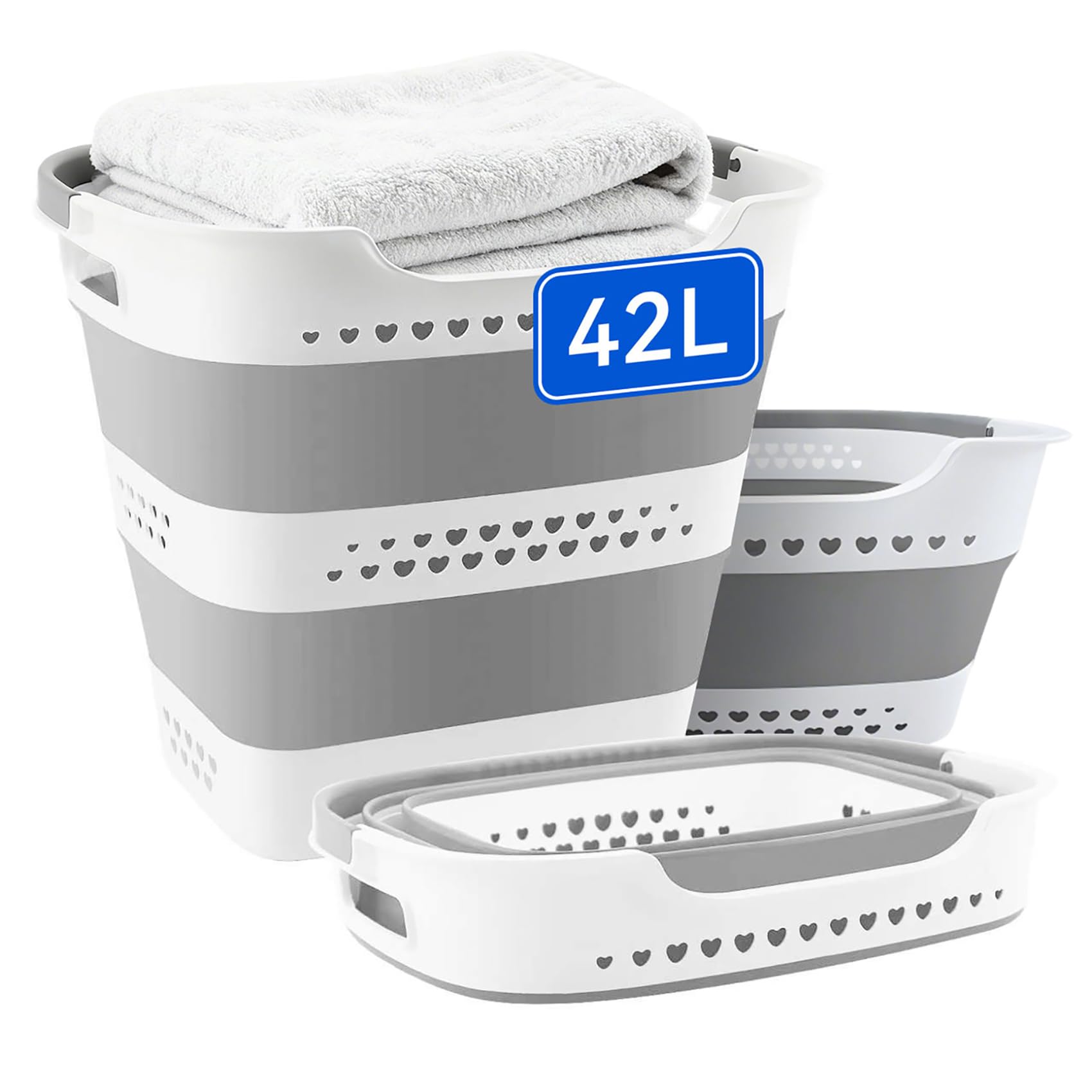 Photo 1 of 42L Medium Collapsible Plastic Laundry Basket with Handles, Foldable Laundry Basket Hamper, Pop Up Storage Container Organizer for Washing Storage (Gery, 17 Inch * 13 Inch * 15 Inch)