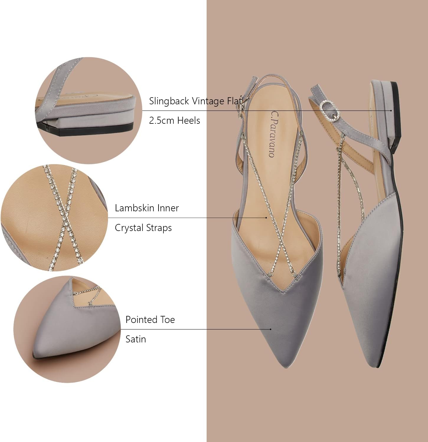 C.Paravano Women's Slingback Flats | Pointed Toe Flat Shoes | Slip on Crystal Dress Shoes | Comfort Ankle Strap Sandals (Size 10.5,Grey Flat) - Image 5