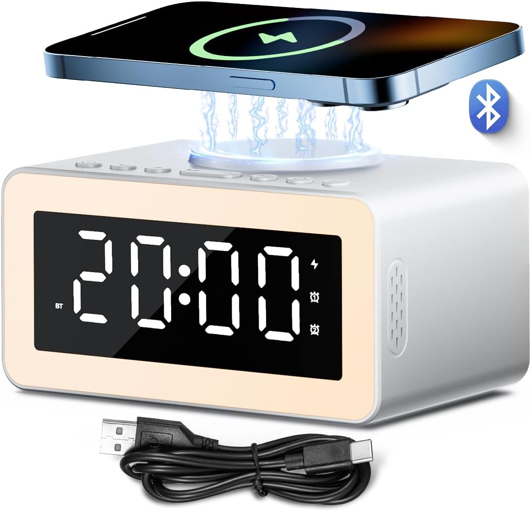 Twin Speaker White Noise Sound Machine with 5.3 Bluetooth and Wi-fi Charging, White Noise Machine for Sleep with Soothing Music Dimmable Night time Mild Sleep Timer, Alarm Clock for Child Grownup Bed room