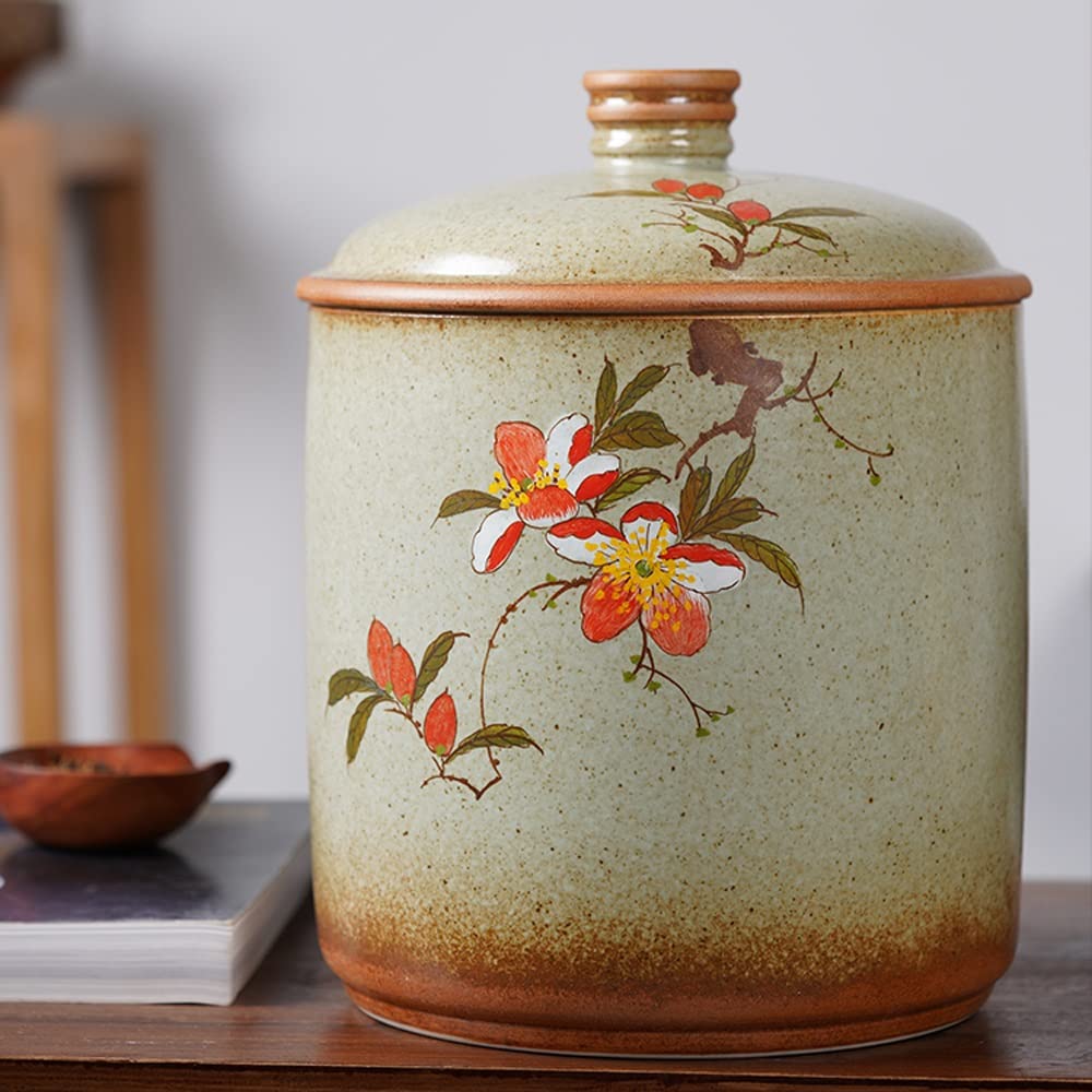 Retro ceramiczny dozownik ryżu z pokrywką, 11 funtów dozownik ryżu Cylinder ryżowy, kreatywny, szczelnie zamknięty pojemnik na żywność do kuchni, dozownik płatków śniadaniowych do ryżu, płatków śniad