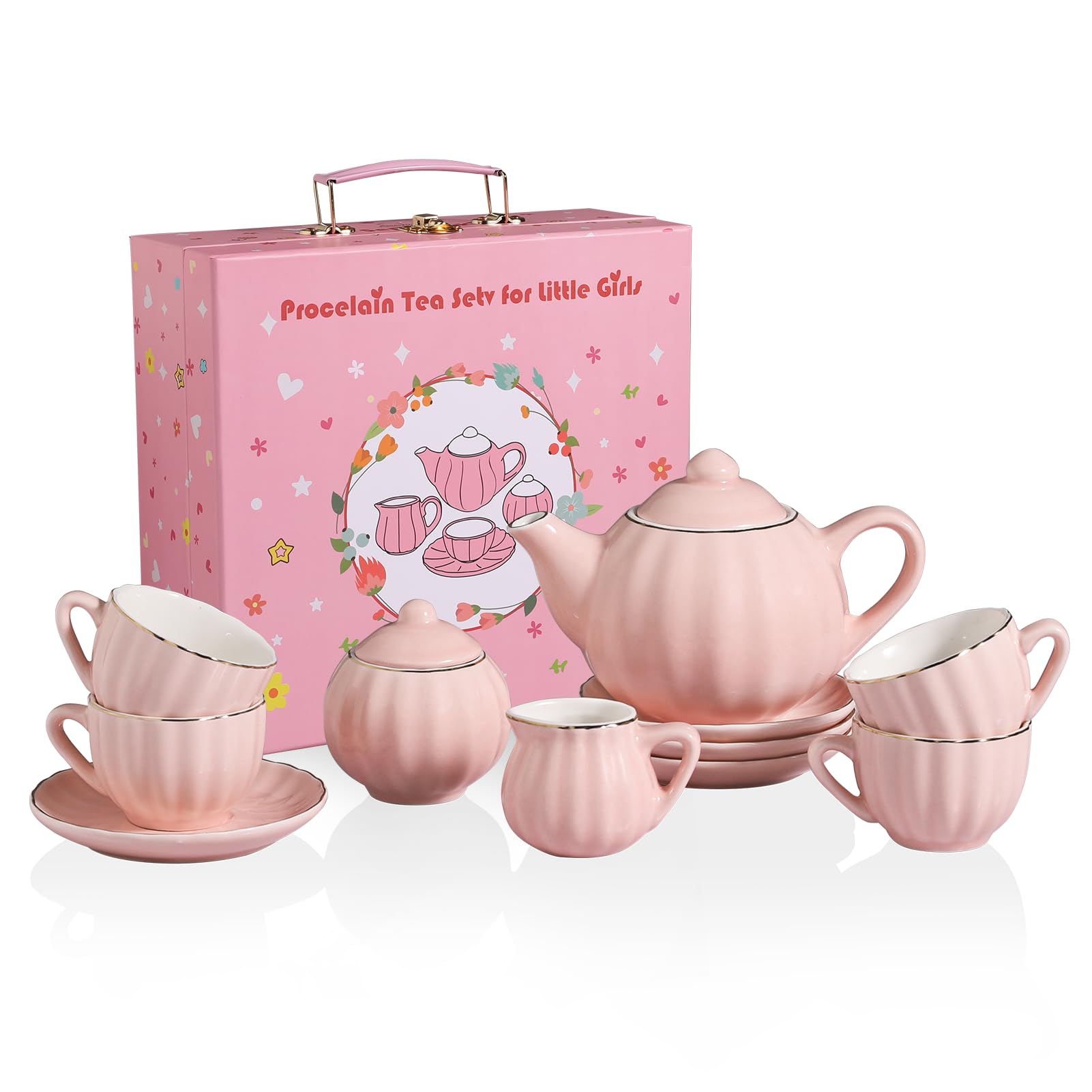 Sweejar Porcelain Tea Set for Little Girls,Kitchen Toys Tea Party Set for Kids Toddler Kitchen Pretend Toy Include Children Teapot, Cup & Saucer Set