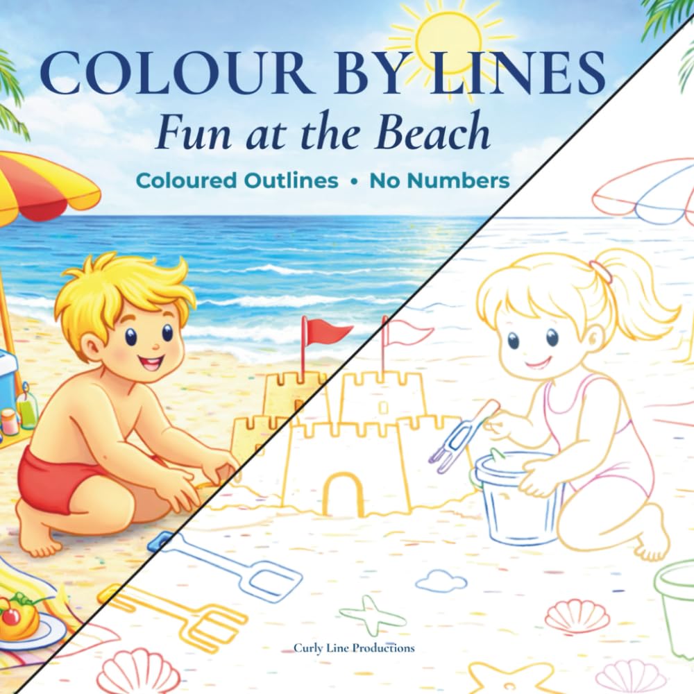 Colour By Lines – Fun at the Beach: Coloured Outlines, No Numbers