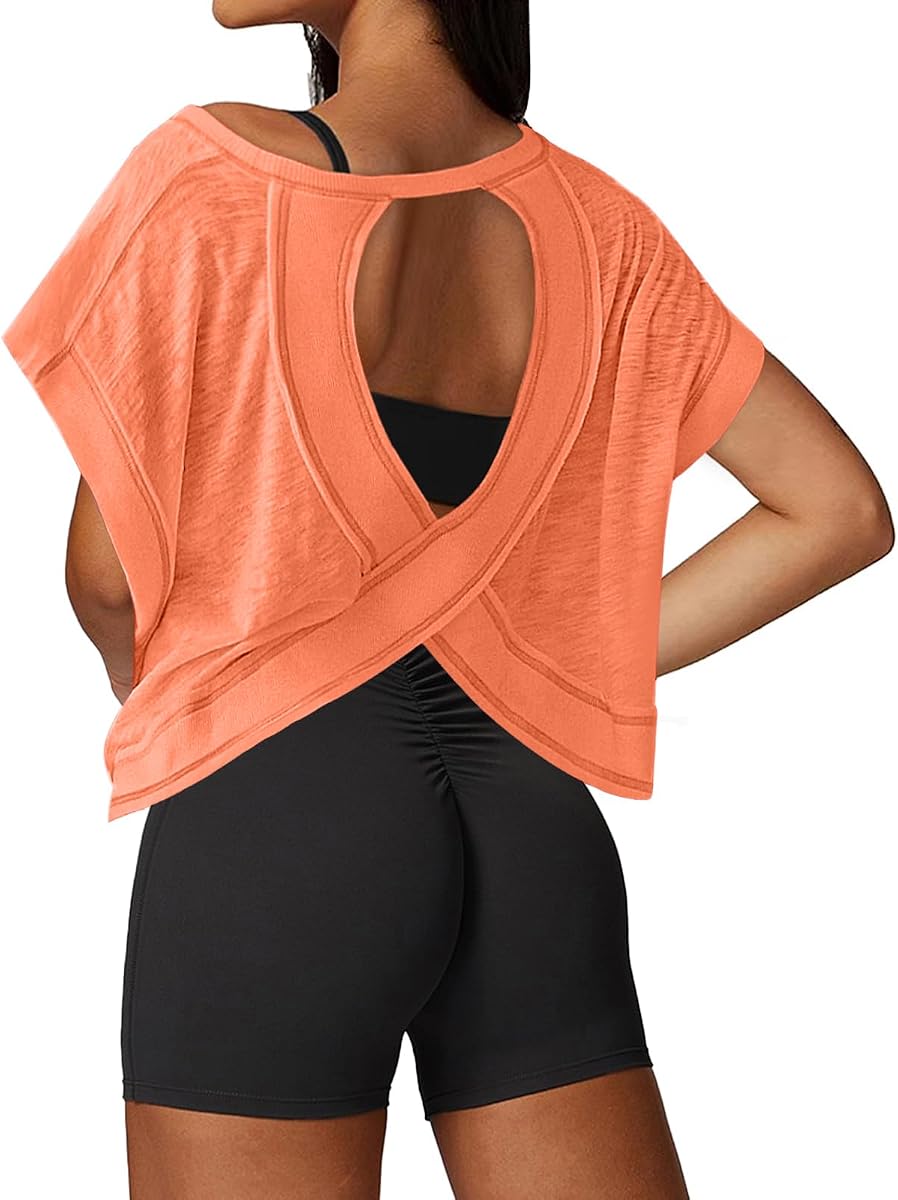 UNIANKIYA Camisetas de entrenamiento con espalda abierta para mujer, ajuste holgado, camiseta deportiva de manga corta, gimnasio, correr, yoga