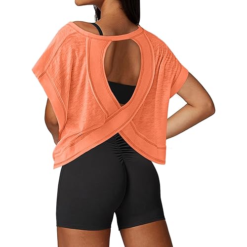 UNIANKIYA Open Back Workout Tops for Women Loose Fit Athletic Crop Tee Short Sleeve Gym Running Yoga Shirt