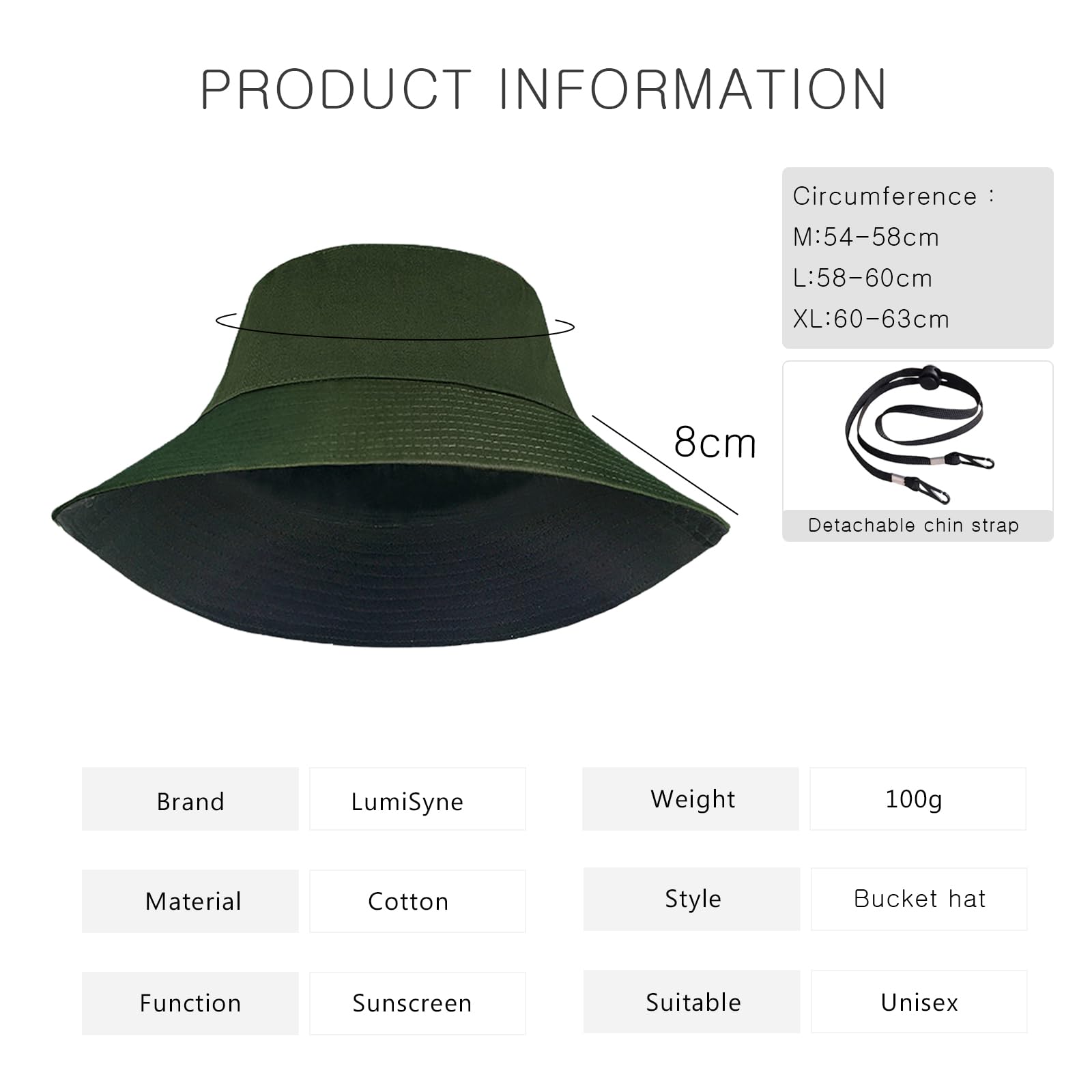 LumiSyne Chapeau De Pêcheur Unisexe Chapeau De Soleil à Bord Large UPF 50+ Couleur Unie Réversible Respirant Coton Chapeau De Seau avec Jugulaire Détachable Pliable Chapeau d'Été pour Plage Voyage