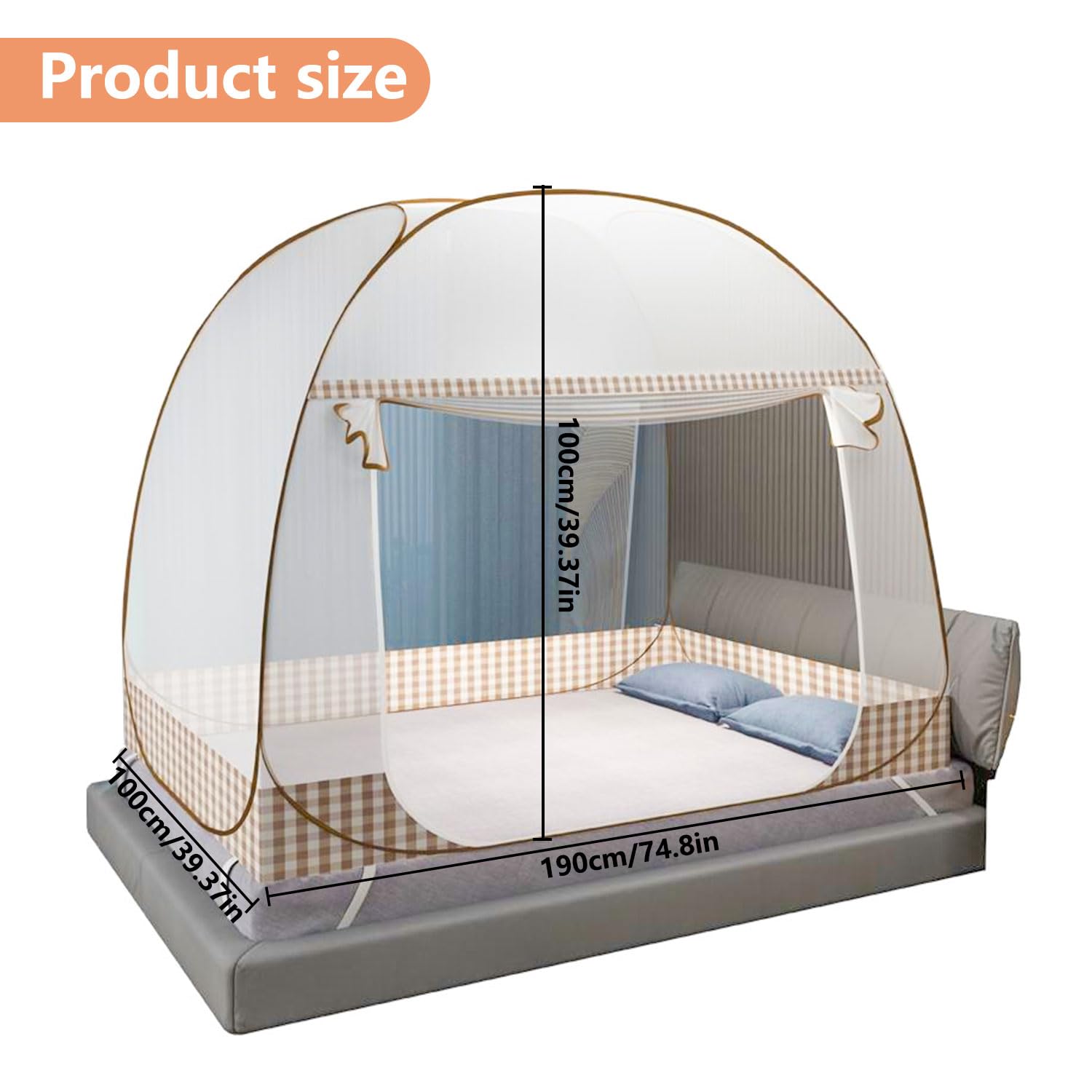 Zanzariera pieghevole per letto - Portatile per viaggi, Pop-Up a doppia porta, grande per camera da letto, all'aperto, campeggio, picnic (Marrone, 190x100x100 cm)