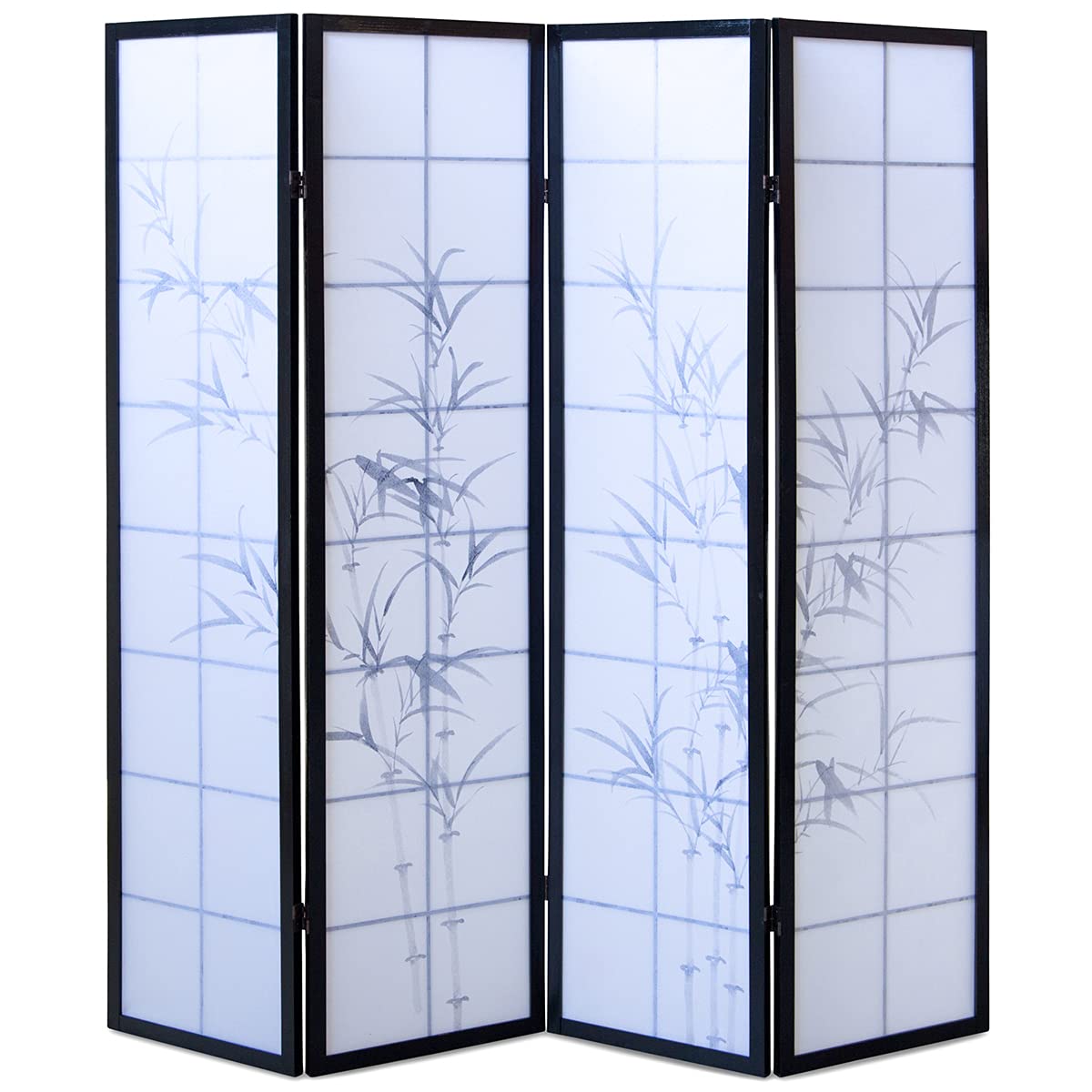 PEGANE Paravent Japonais en Bois Noir Dessin Bambou de 4 pans