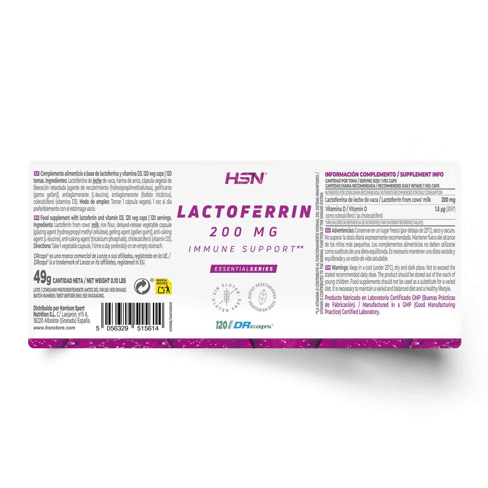 HSN Lactoferrina 200mg | 120 Cápsulas DRcaps® Gastrorresistentes de Liberación Retardada | Apoyo al sistema inmunitario (La vitamina D contribuye al funcionamiento normal del sistema inmunitario)