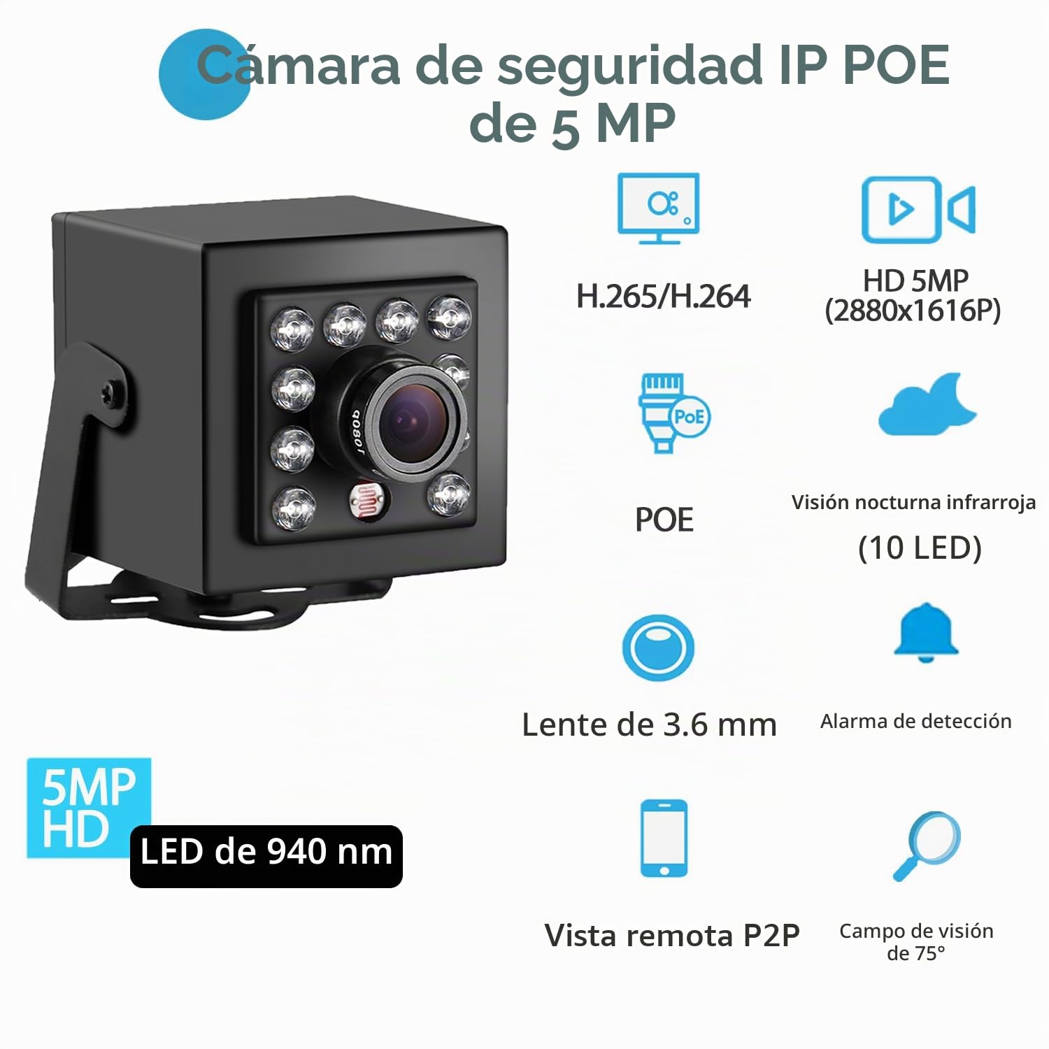 5MP Mini PoE Cámara IP Interior, 940nm Invisible 10 LED Infrarrojo Visión Nocturna, 3,6mm Lente 75° P2P Vista remota Cámara CCTV,10m Visión Nocturna H.265 Cámara Seguridad (I708-P-HS)