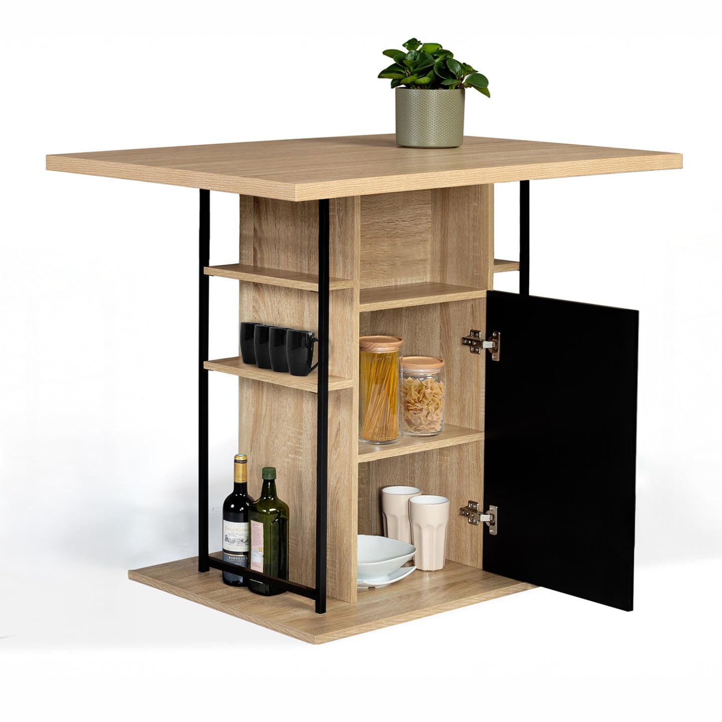IDMarket - Ilot central UGO 110 cm bois noir et imitation hêtre avec rangements design industriel
