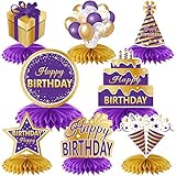 8PCS Purple Gold Birthday Decorations Honeycomb Centerpieces for Women Girls, Purple Happy Birthday