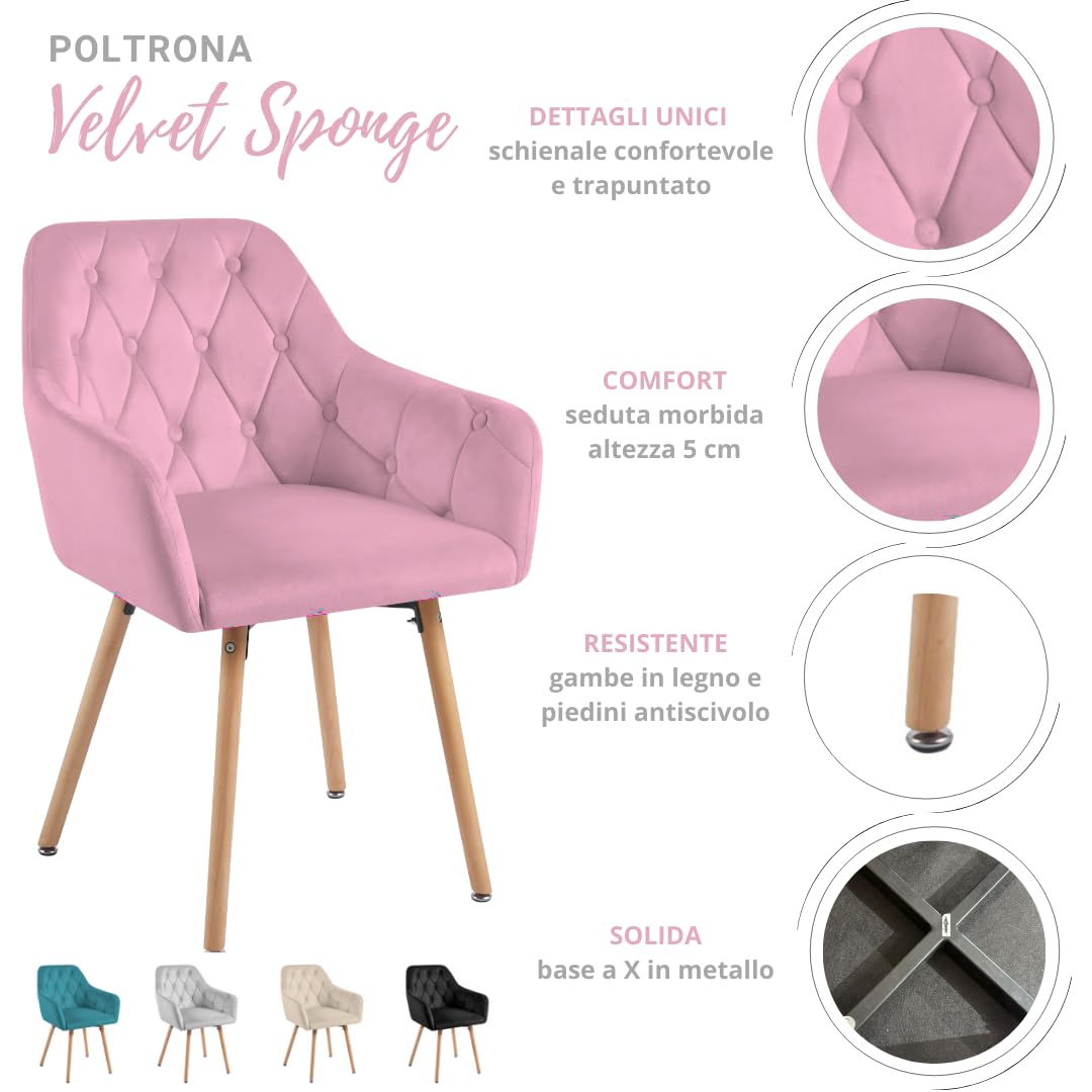 Tata Home Poltrona Sedia da Salotto in Velluto Poltroncina da Camera Imbottita Relax con Gambe in Legno e Braccioli Alti Colore Beige Mod. Velvet Sponge