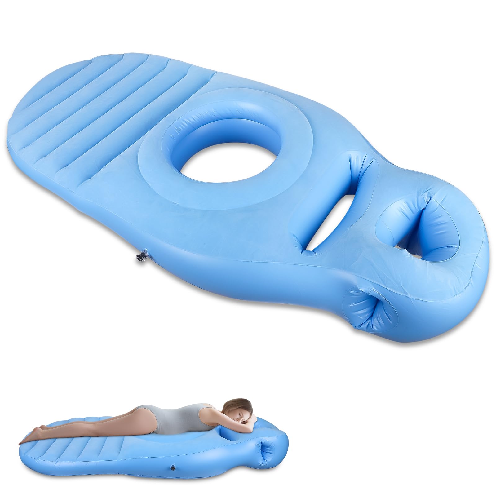Almohada Inflable para Embarazadas, Esterilla de Yoga con Orificio, Cómoda Cama de Aire Flocada, Esterilla para Tumbarse Boca Abajo, Soporte Corporal Completo para Aliviar el Dolor(Azul)