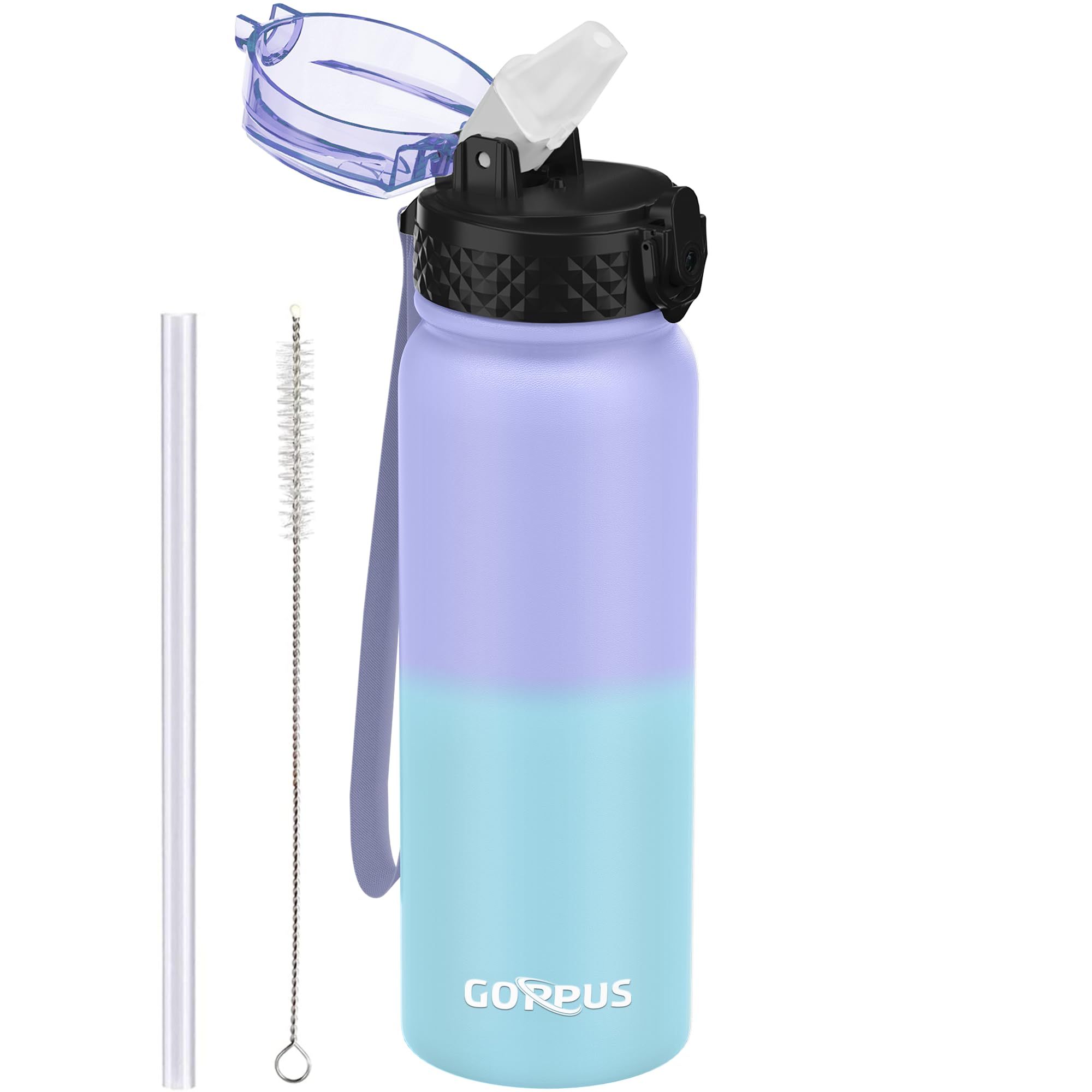 600ml/20oz Stainless Steel Water Bottle with Straw Insulated Sports Bottle Cold Flask with Straw Double Walled Flip up Metal Water Bottles Leakproof Water Bottle for Gym Sports