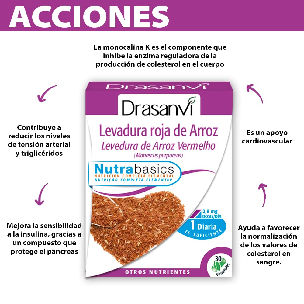 DRASANVI Levadura Roja de Arroz (Monascus purpureus) |2,9 mg de Monocolina K| Contribuye a Mantener los Niveles Normales de Colesterol |Cápsulas Vegetales |30 Cápsulas = 30 Días