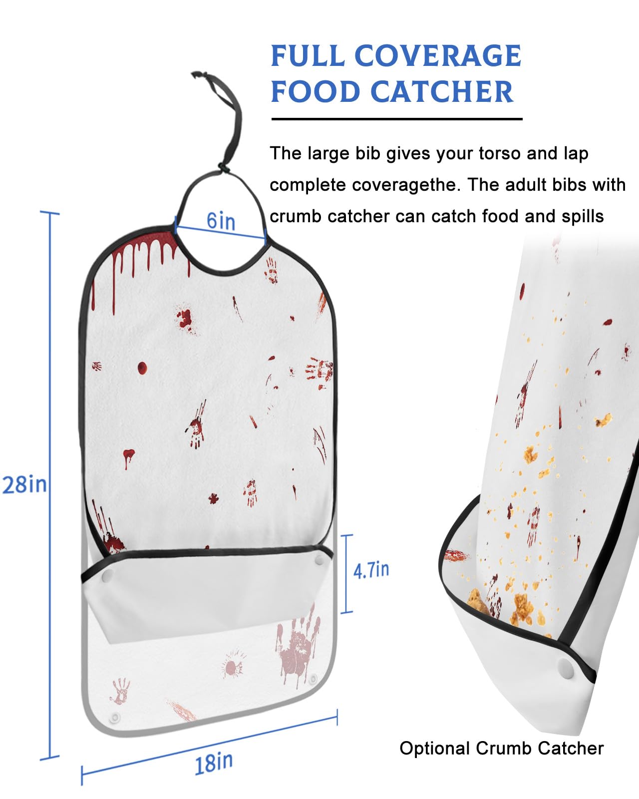 LEOKOTI Halloween Adult Bibs for Eating, Waterproof Bibs with Food Catcher & Adjustable Snap Closure, Horror Red Blood Palm Print White Washable Clothing Protectors Adult Bibs for Elderly Women/Men
